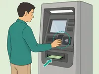 Person using a smartphone to withdraw cash from an ATM without inserting a card.