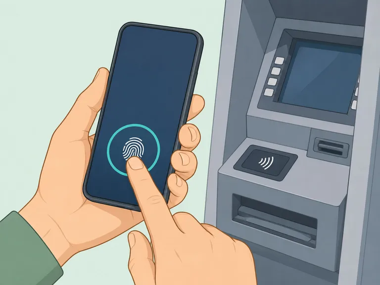 Hand authenticating on a phone before using a cardless ATM.