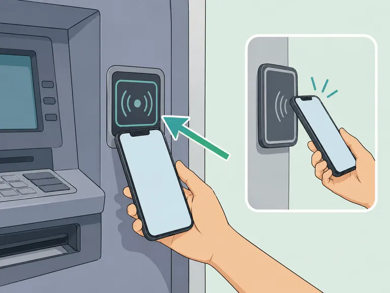 Phone tapped near an ATM reader for a cardless withdrawal.