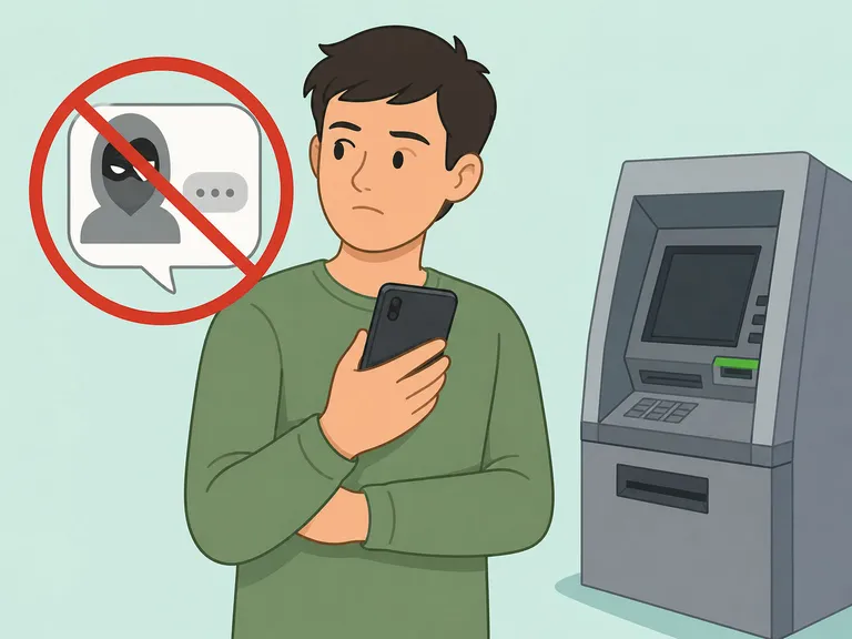 Person protecting cardless ATM codes from scam messages.