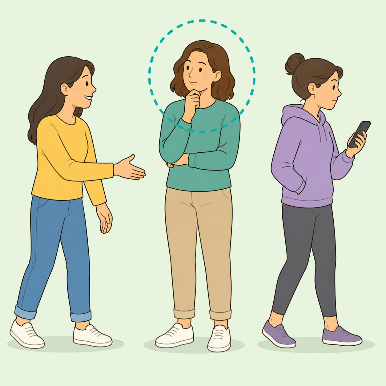 Illustration of a person calmly evaluating supportive and unsupportive friendship behavior.