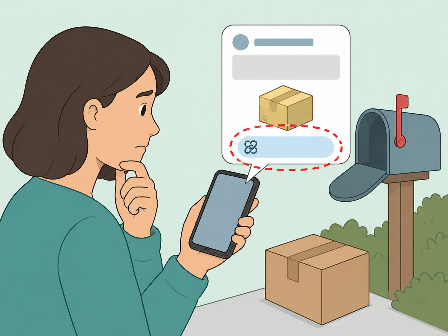 Person examining a suspicious package delivery text beside a parcel and mailbox.