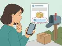 Person examining a suspicious package delivery text beside a parcel and mailbox.
