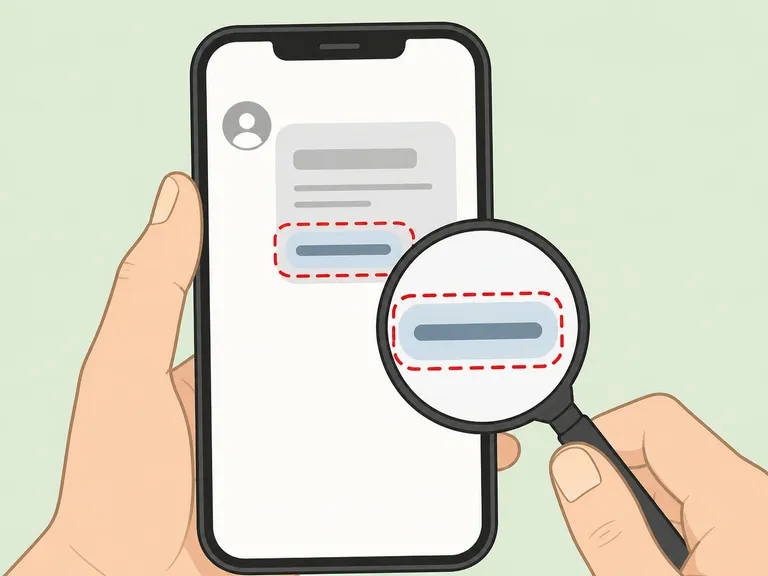 A suspicious web address on a phone being inspected with a magnifying glass.