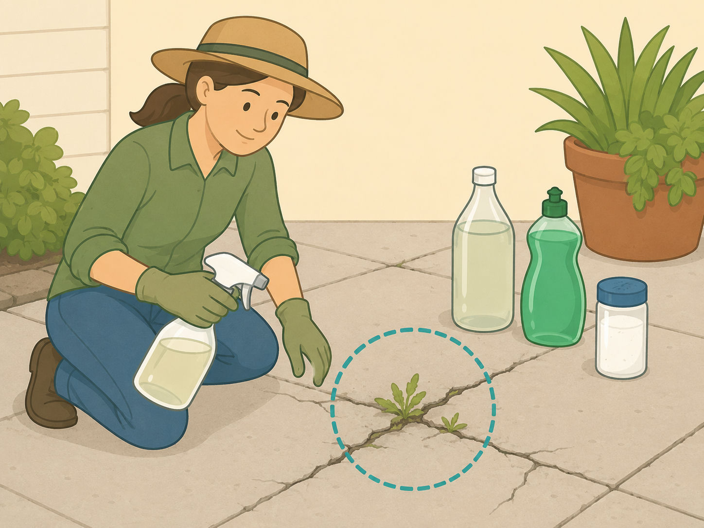 Illustration of a gardener preparing a homemade vinegar weed spray for weeds in patio cracks.