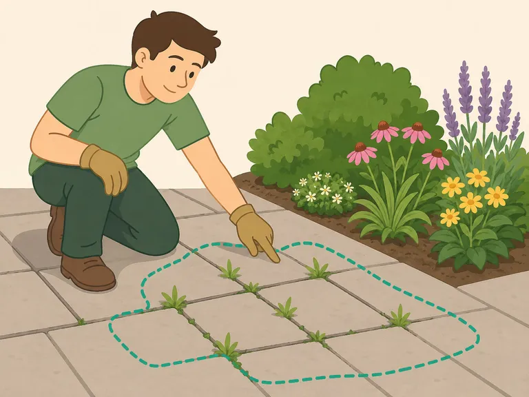 Gardener choosing weeds in patio cracks instead of spraying a garden bed.