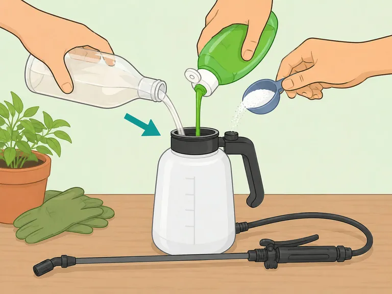 Hands mixing vinegar, dish soap, and salt in a garden sprayer.