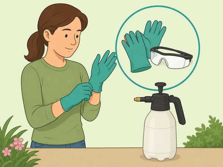 Gardener putting on gloves and eye protection before spraying weeds.