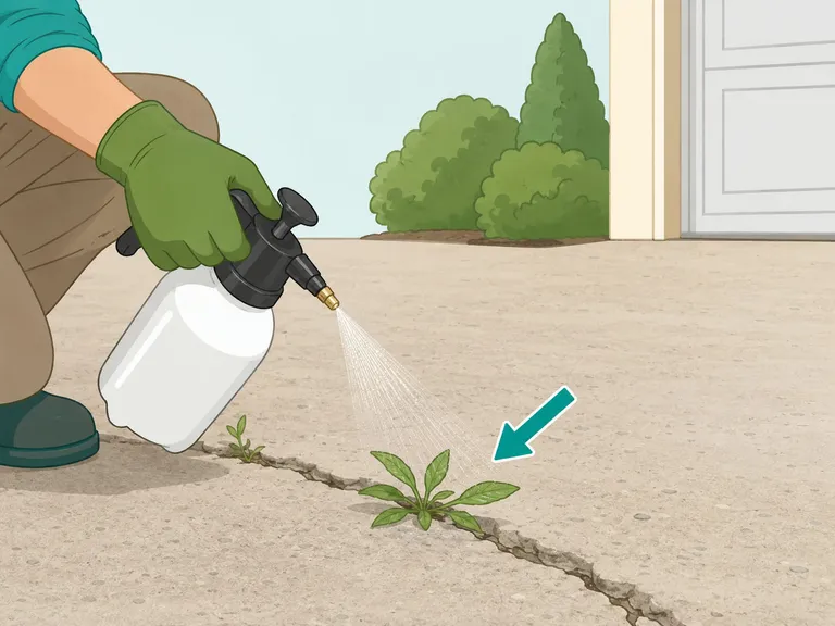 Gardener spraying young weeds in a driveway crack on a dry day.