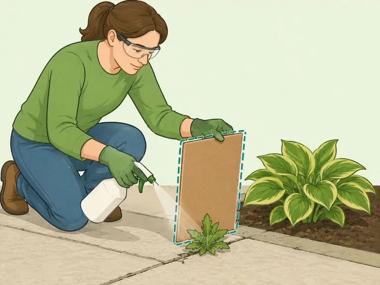 Gardener shielding a nearby plant with cardboard while spraying a weed.