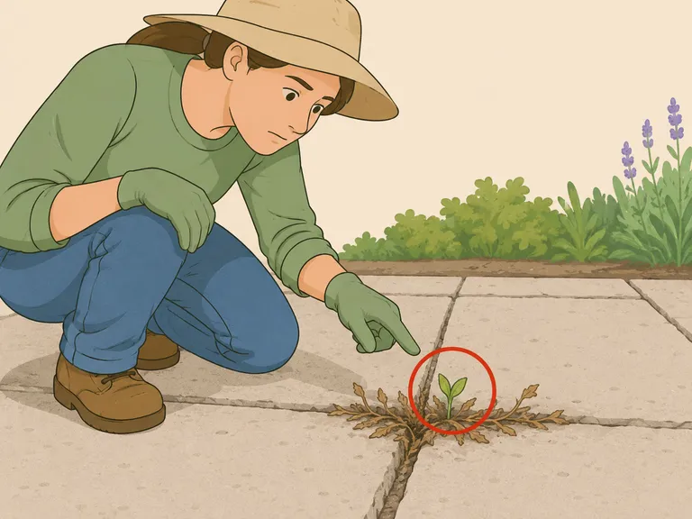 Gardener checking a treated weed for new green regrowth.