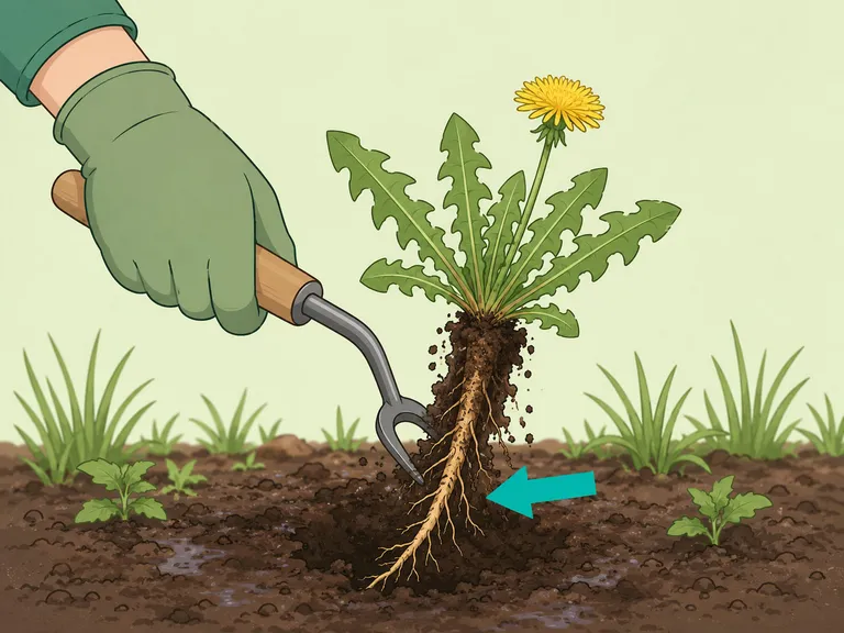 Gardener pulling a deep-rooted weed from damp soil with a hand tool.