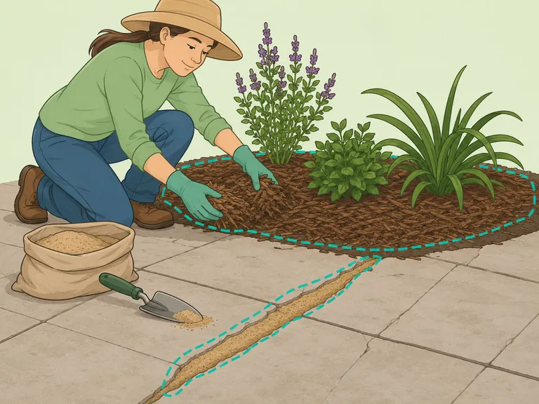 Gardener preventing weeds with mulch in a bed and sand in patio cracks.