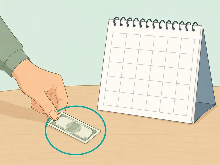 A hand setting aside a basic cash amount for a calendar gift.