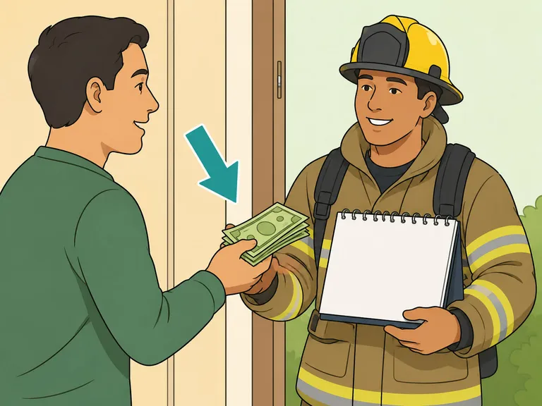 Resident giving a more generous calendar gift to a firefighter.