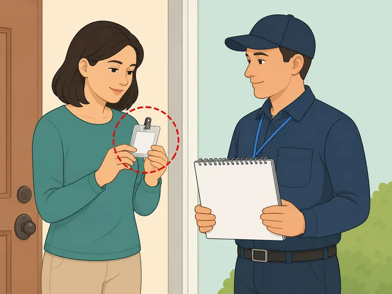 Resident checking a calendar seller's badge before giving money.