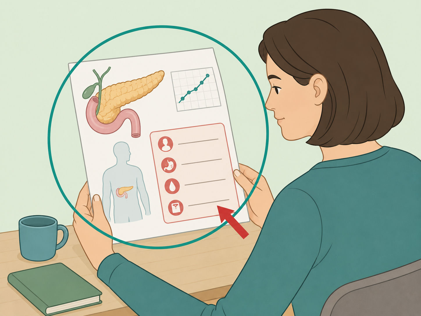 Illustration of a person reviewing pancreatic cancer trend information and warning signs.