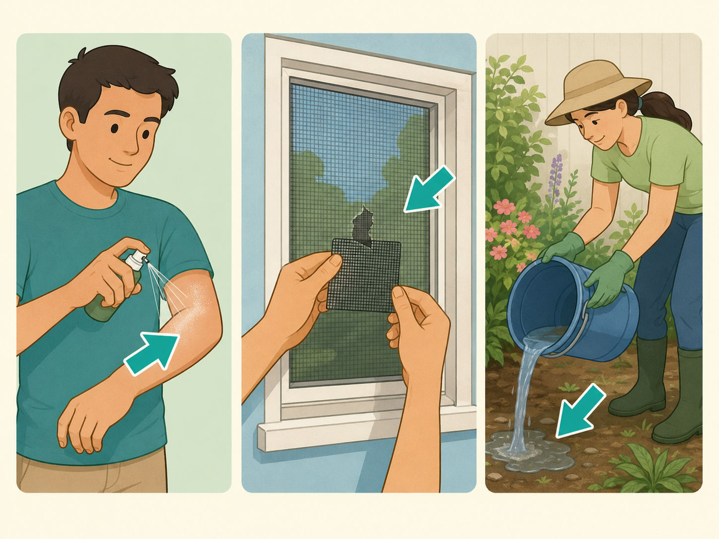 Illustration showing mosquito prevention on skin, inside the home, and in the garden.
