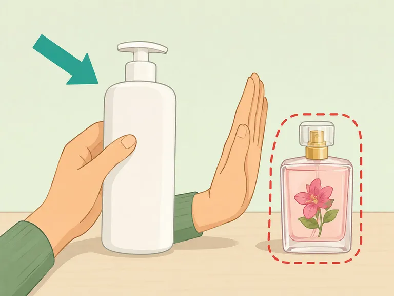 Hands selecting an unscented skin product instead of perfume.