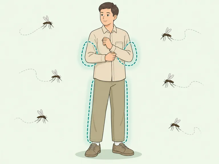 Person wearing loose long clothing to reduce mosquito bites.