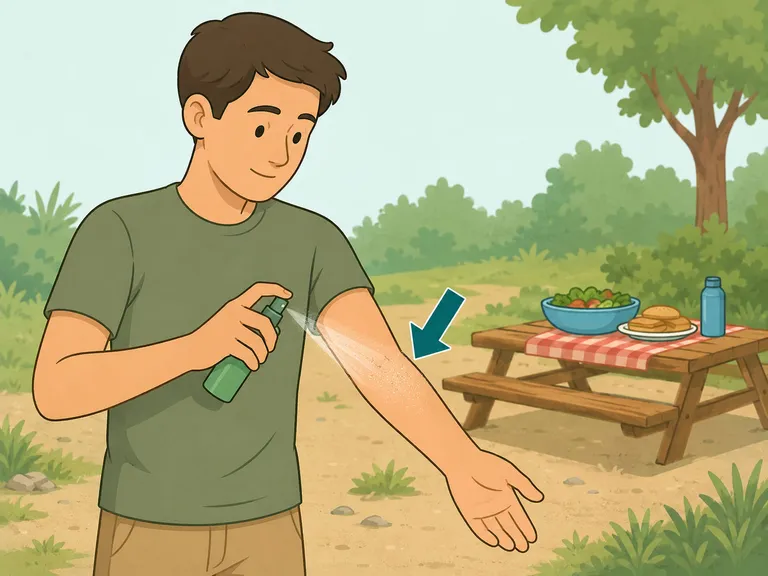 Adult applying mosquito repellent to exposed skin.