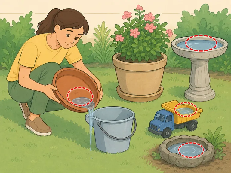 Person emptying standing water from garden containers.
