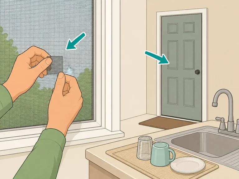 Hands repairing a screen to keep mosquitoes out of the house.