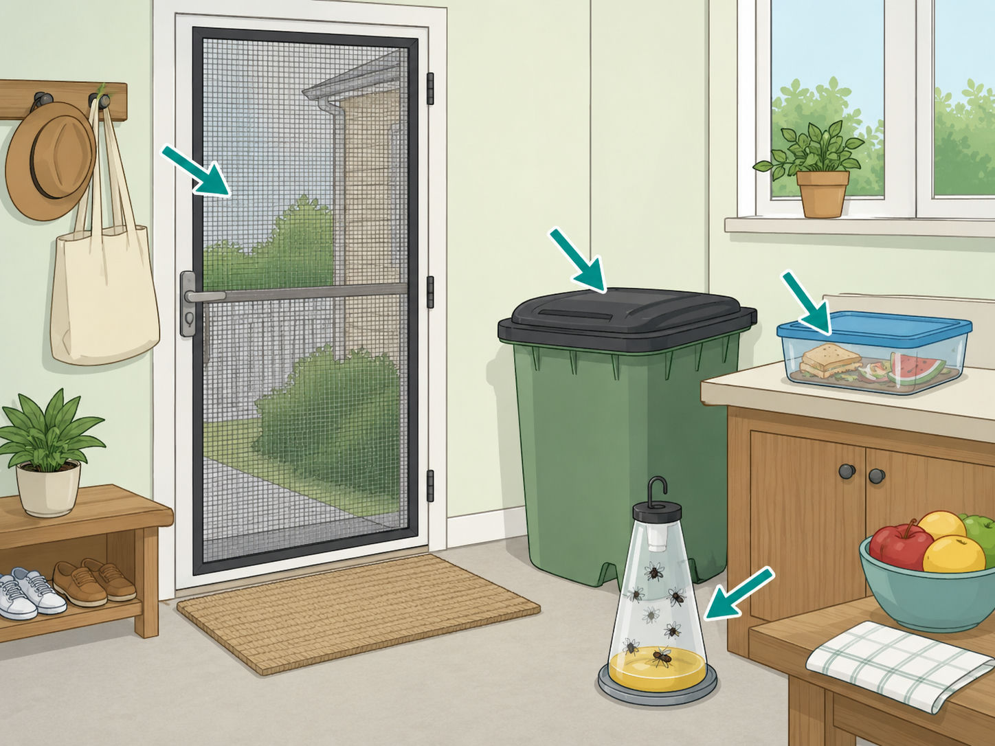 Illustration of a clean summer home entry with screens, covered trash, sealed food, and a fly trap.