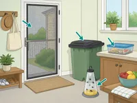 Illustration of a clean summer home entry with screens, covered trash, sealed food, and a fly trap.
