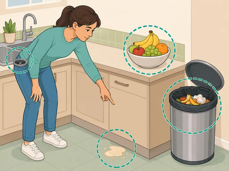 Person checking a kitchen for places that attract flies.