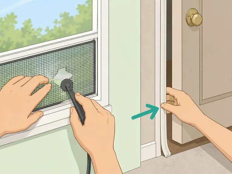 Hands repairing a screen and sealing a door gap to keep flies out.