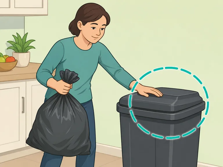Person closing a kitchen trash can with a tightly tied bag inside.
