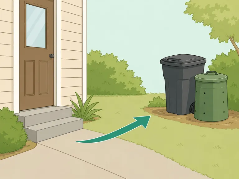 Covered outdoor bins placed away from a home entrance.
