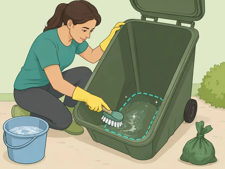Person cleaning a trash bin and removing pet waste.