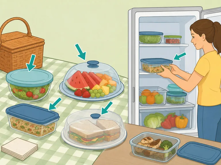 Food being covered and leftovers placed in the refrigerator to avoid attracting flies.