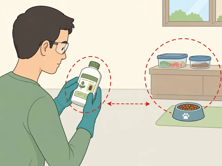 Person reading a pesticide label carefully before using it away from food and pets.