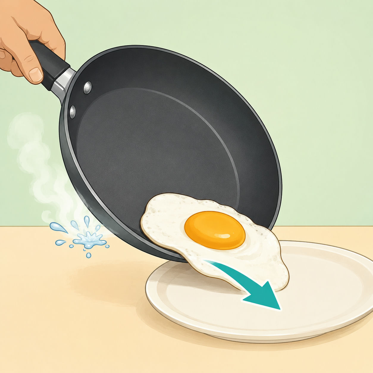 Illustration of an egg sliding from a nonstick skillet without oil using steam.