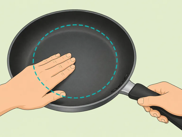 A clean smooth nonstick skillet being checked before cooking eggs.