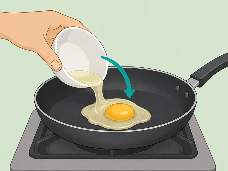 A raw egg being gently slid into a nonstick skillet.