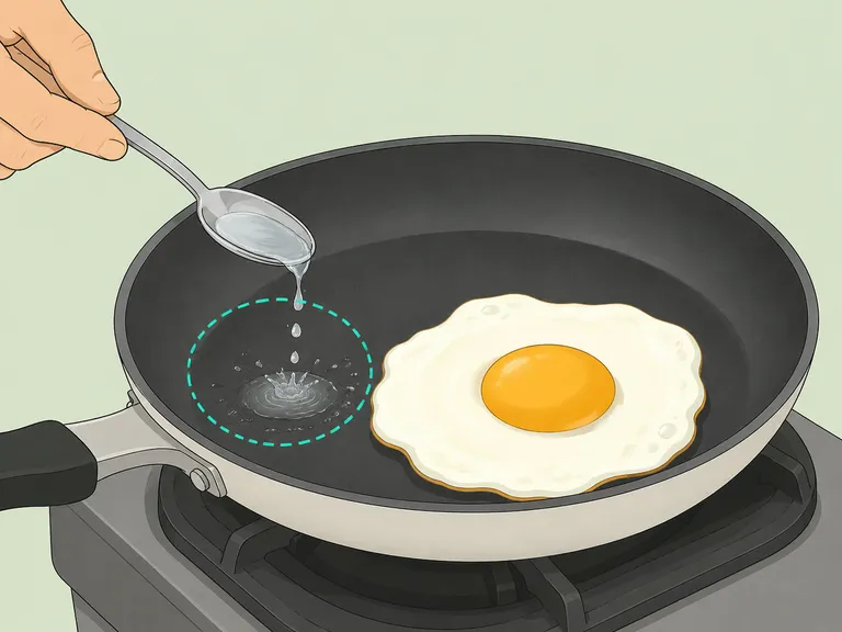 A small spoonful of water added beside an egg in the pan.