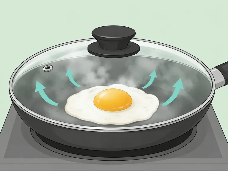 A covered skillet trapping steam to cook the egg.