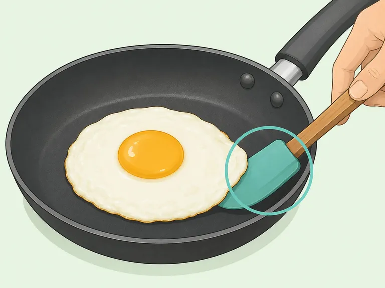 A silicone spatula loosening the edge of a cooked egg.