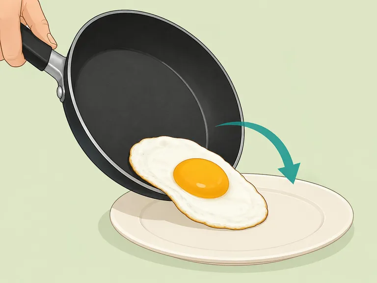 A cooked egg sliding from the skillet onto a plate.