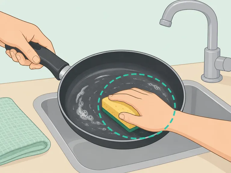 A nonstick skillet cleaned gently with a soft sponge after cooking.