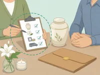 Illustration of cremation planning documents and an urn on a simple pastel background.