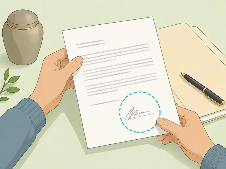 Hands checking cremation paperwork before signing.