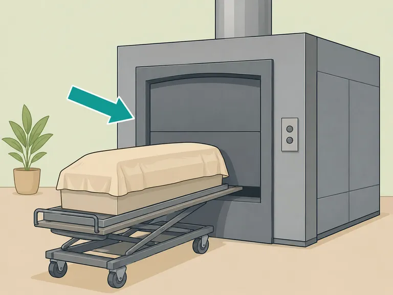 Covered container being moved toward a cremation chamber.