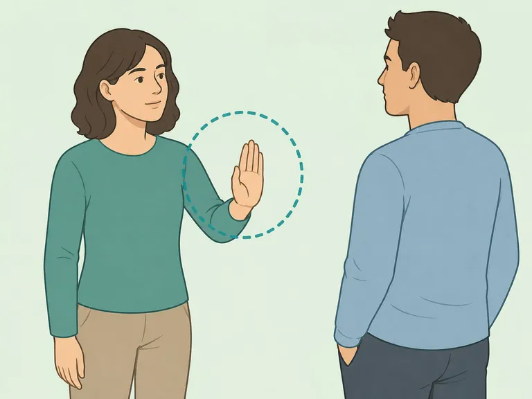 Person calmly showing a boundary gesture without anger.