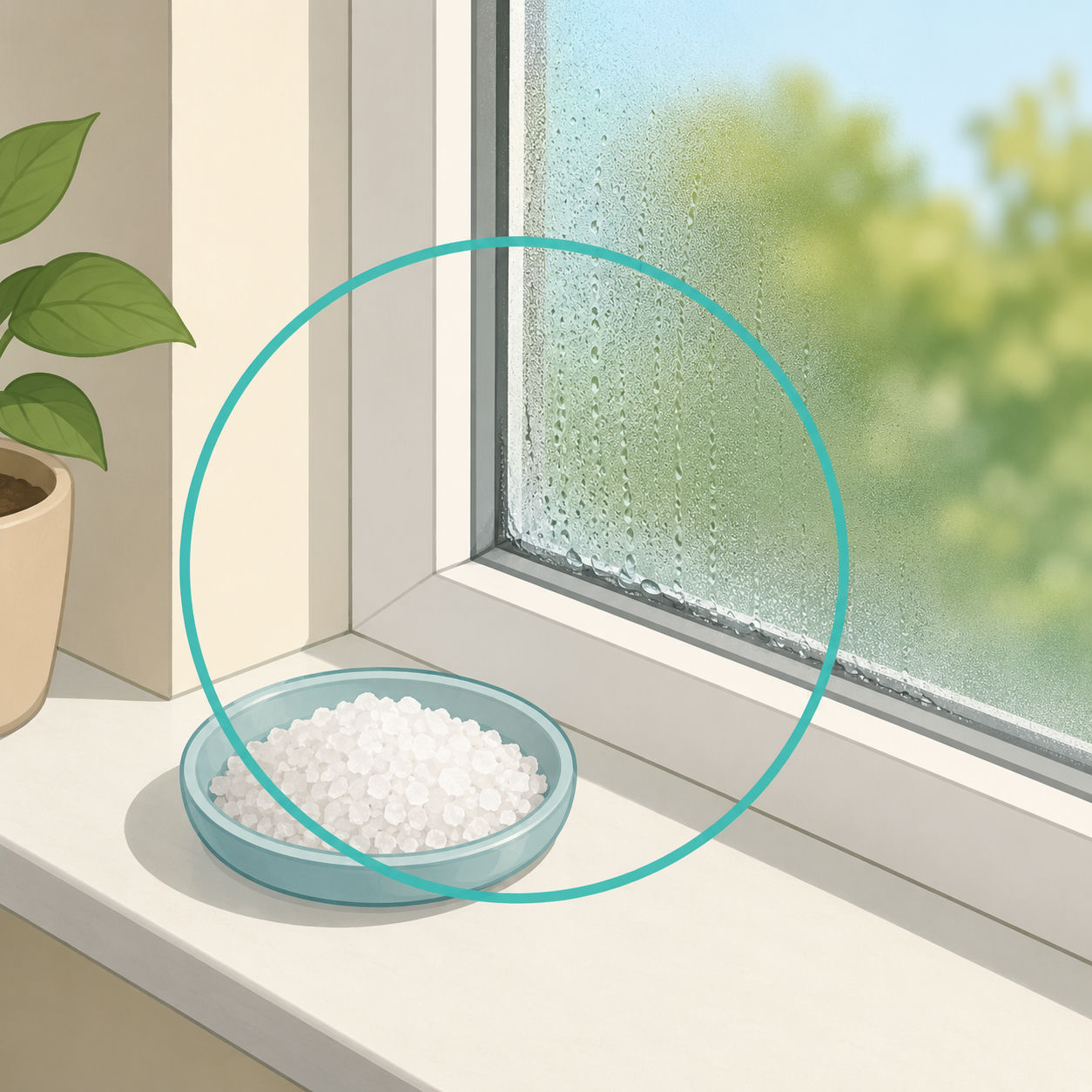 Illustration of a small dish of coarse salt placed on a damp summer windowsill.