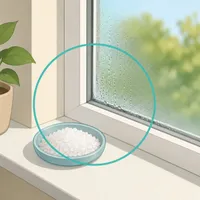 Illustration of a small dish of coarse salt placed on a damp summer windowsill.